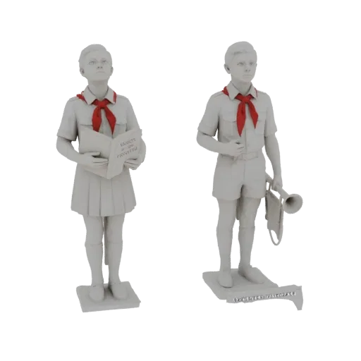 Modèle 3D de deux enfants pionniers soviétiques, une fille tenant un livre et un garçon tenant une trompette, sur fond blanc.