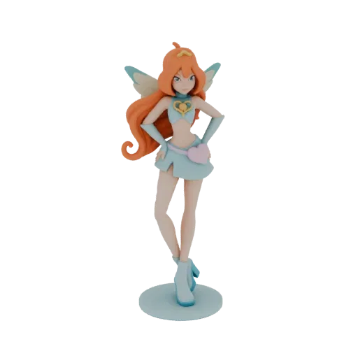 3D model of Fairy Princess Bloom, an anime character with orange hair, blue outfit, and wings, standing on a circular base.