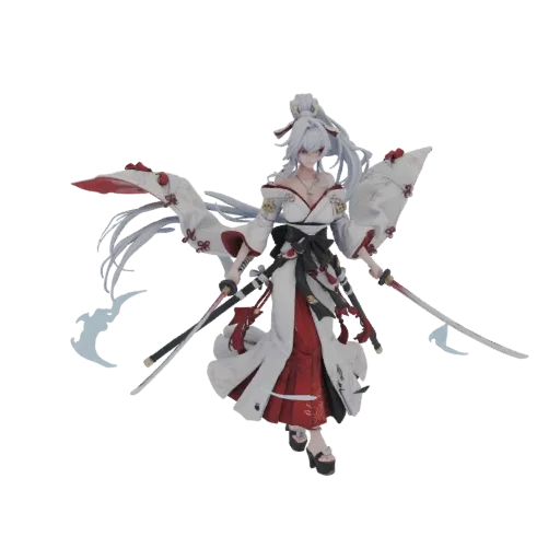 3D model of a female warrior in a white kimono with red accents, holding two katanas, with long silver hair.