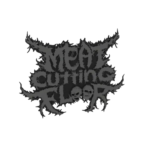 3D model of the 'Meat Cutting Floor' logo with skulls and sharp, gothic lettering on a black background.