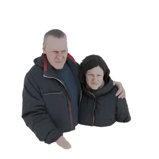 3D model of a couple wearing dark winter jackets, with the man's arm around the woman.