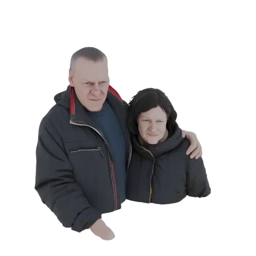 3D model of a couple wearing dark winter jackets, with the man's arm around the woman.