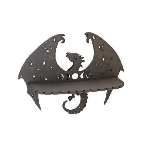 3D model of a dark, wood-textured wall shelf shaped like a dragon with moon phase and star cutouts on its wings.