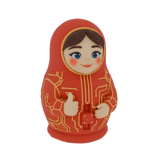 3D model of a red Matryoshka doll with gold circuit board patterns, giving a thumbs-up.
