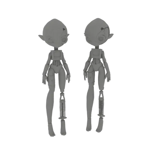 Deux modèles 3D distincts de robots sci-fi rendus en gris, montrés de face sur fond noir.
