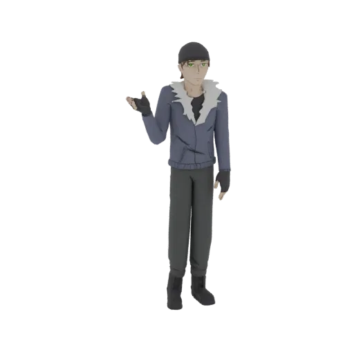 3D model of a young man in anime style, wearing a blue puffer jacket and black beanie, with one hand raised.
