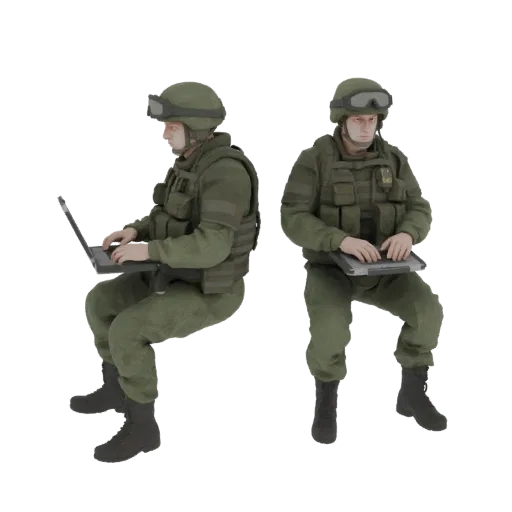 Modelo 3D de soldado em equipamento tático verde, usando capacete e óculos, sentado digitando em um laptop.