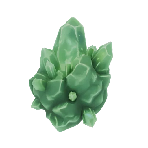 Modelo 3D de um aglomerado de cristais verdes afiados e translúcidos com base arredondada, brilhando levemente.