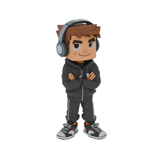 3D model of a stylized young gamer kid wearing headphones, hoodie, and track pants, with arms crossed.