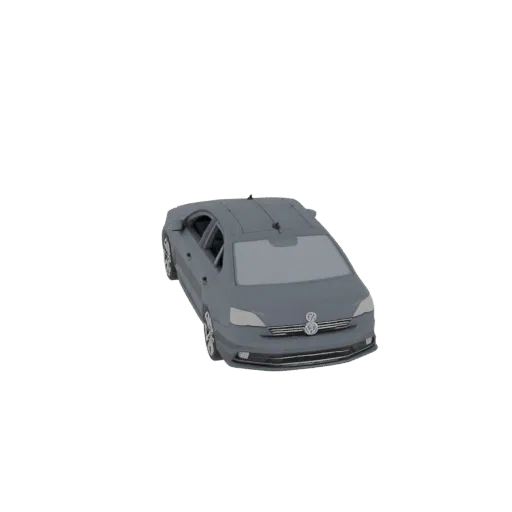 A 3D render of a gray Volkswagen sedan, viewed from a slightly elevated front-right angle, against a plain white background.
