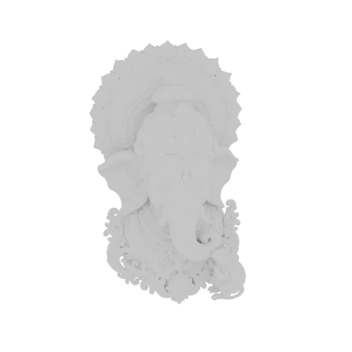 3D model of a white Ganesha wall relief with intricate details and a radiant halo, set against a white background.