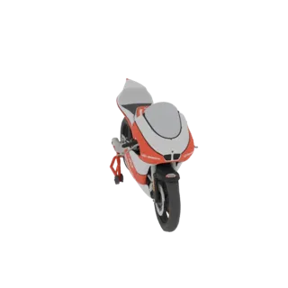 3D model of a red and white sportbike with a sleek design, viewed from a three-quarter front angle.