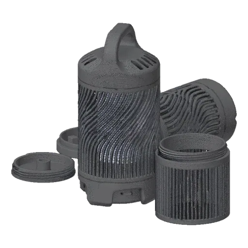 3D render of a modular cylindrical filter housing with a textured surface, showing the main body and two separate lid compone