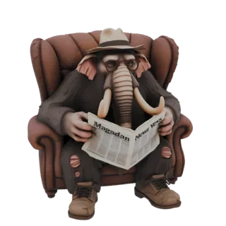 Modello 3D di un elefante antropomorfo con cappello e occhiali, seduto su una poltrona marrone mentre legge un giornale.