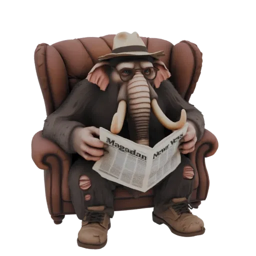 Modelo 3D de um elefante antropomórfico usando chapéu e óculos, sentado em uma poltrona marrom lendo um jornal.