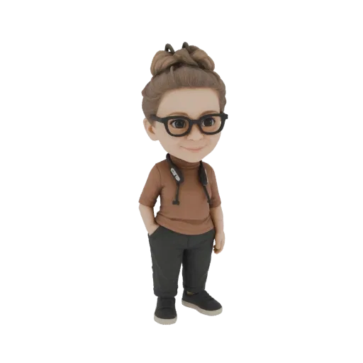 3D model of a stylized woman with glasses, brown turtleneck, and headphones around her neck, hands in pockets.
