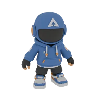 Modello 3D di un personaggio stilizzato che indossa una felpa blu a tema astronauta e un casco, con pantaloncini scuri e snea