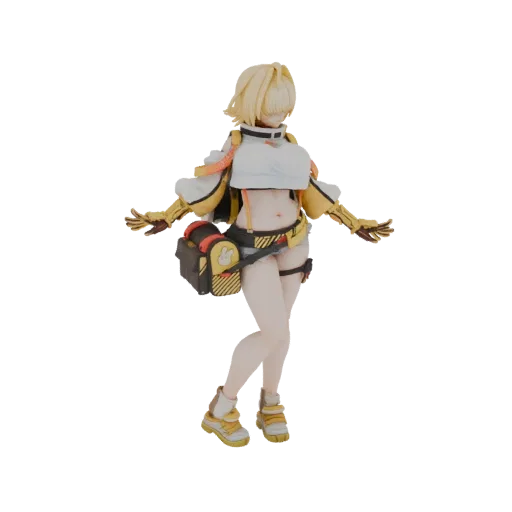 Modèle 3D d'une fille cyberpunk aux cheveux courts blonds, portant une veste jaune, un haut blanc et un short sombre, avec un