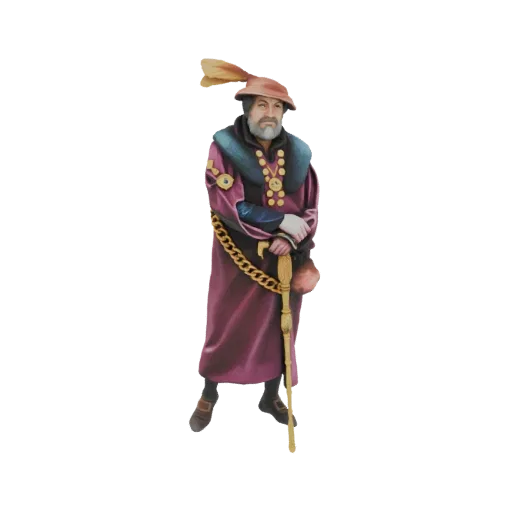 3D model of a Renaissance scholar wearing a crimson robe, fur collar, feathered cap, and holding a golden cane and pouch.