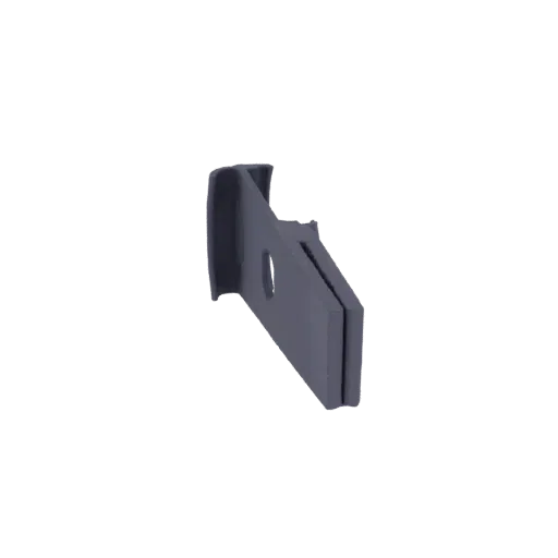 3D render of a dark gray metal L-bracket with a circular hole, presented against a black background.