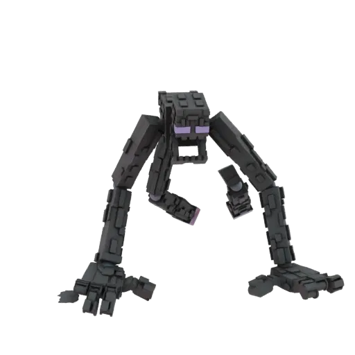 A 3D render of a blocky, dark-colored Enderman character with purple eyes, posed in a crouching stance with long limbs.