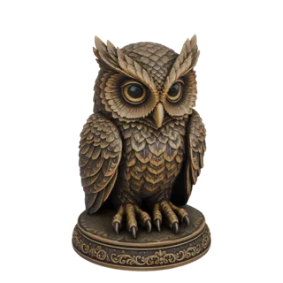 Un rendu 3D d'une statue de hibou ornée avec une finition bronze réaliste, perchée sur une base décorative.