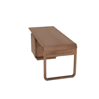 3D model of a modern wooden desk with curved legs and three drawers, viewed from a slight angle.