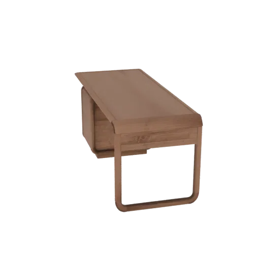 3D model of a modern wooden desk with curved legs and three drawers, viewed from a slight angle.