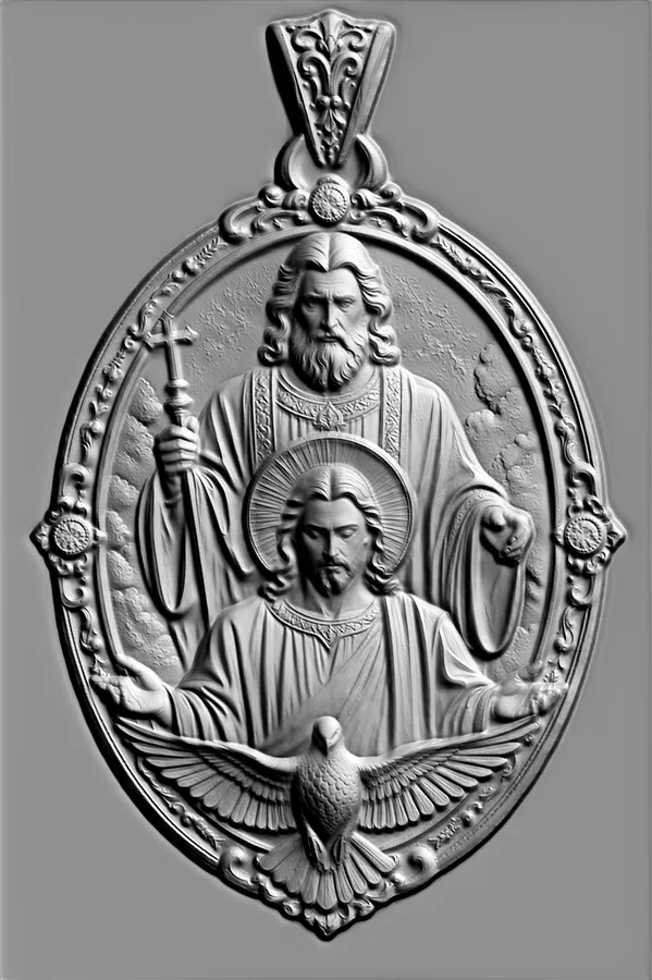 3D model of Holy Trinity bas-relief: God the Father, Jesus Christ, and dove (Holy Spirit) in an oval frame.