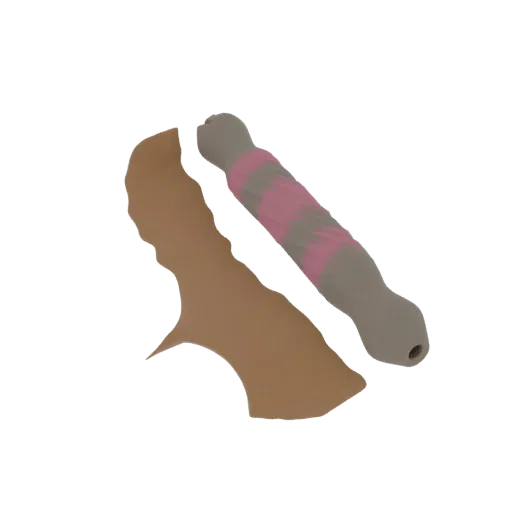 3D model of a grey and pink striped rolling pin next to a brown, shaped piece of dough on a white background.