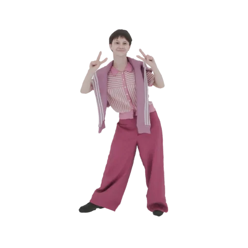 3D model of a person in a pink tracksuit and cardigan, striking a peace sign pose with a smile.