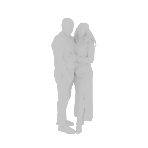 Rendu 3D d'un couple enlacé, représenté comme une sculpture blanche sur fond blanc.