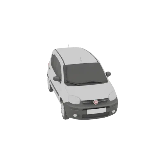 Un modello 3D bianco di un'auto Fiat Panda, visto da un'angolazione anteriore-sinistra leggermente elevata su uno sfondo bian