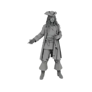 Modelo 3D del Capitán Jack Sparrow con atuendo pirata, rastas y sombrero, de pie con una mano extendida.