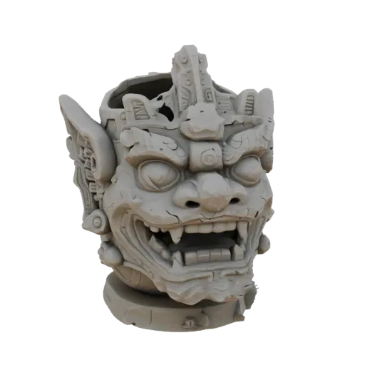 Modèle 3D de cache-pot tête de gargouille de pierre ancienne avec texture de pierre détaillée et fissures.