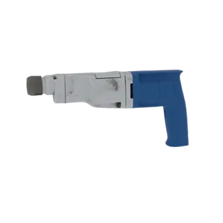 Vista lateral de un modelo 3D de taladro perforador rotativo con mango azul y cuerpo blanco, mostrando el portabrocas y el ag