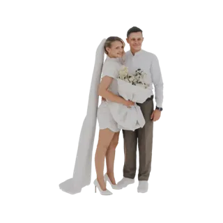3D model of a smiling bride in a short white dress and veil, and a groom in a white shirt and brown pants, holding a bouquet