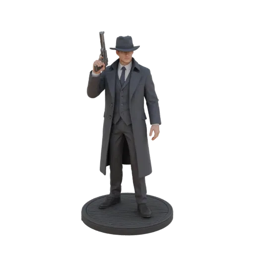 3D model of a gangster in a grey coat, hat, and suit, holding a pistol, on a round base.