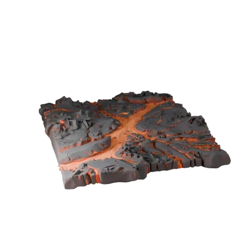 Volcanic Lava Field Chunk Realistic 3D model, three-quarter environment render, showing layered soil, terrain detail.