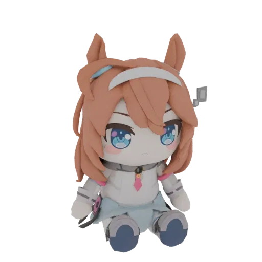 Modelo 3D de uma adorável pelúcia de menina cavalo estilo chibi sentada, com grandes olhos azuis, cabelo castanho e orelhas d