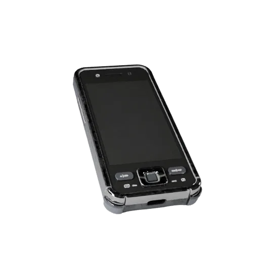 Rugged Retro Mobile Phone 3D model, three-quarter front view, Unity viewport, showing glass screens, form detail.