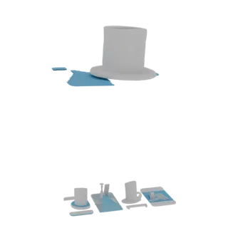 Modèle 3D d'un chapeau haut-de-forme blanc avec un déversement de liquide bleu à sa base, sur fond blanc.