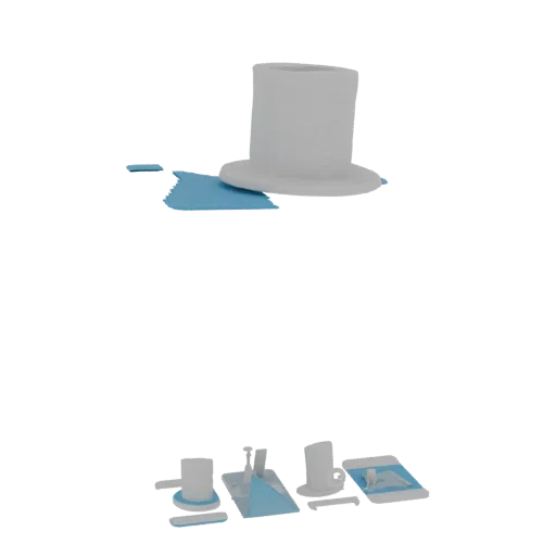 3D model of a white top hat with a blue liquid spill at its base, set against a white background.