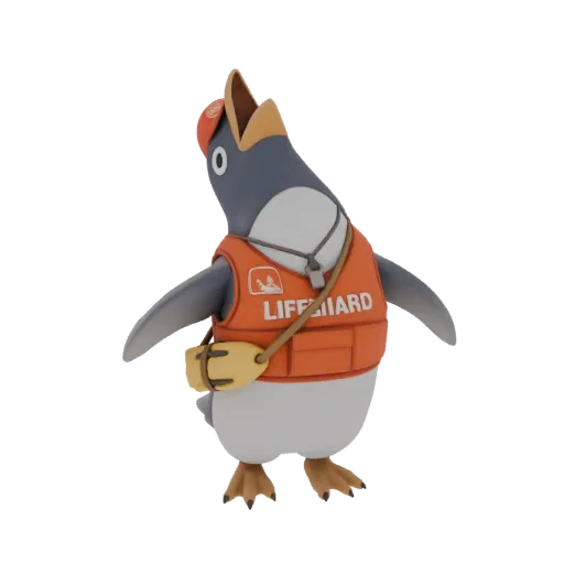 Modèle 3D d'un pingouin cartoon portant un gilet de sauveteur orange et une casquette rouge, la bouche ouverte et un sifflet