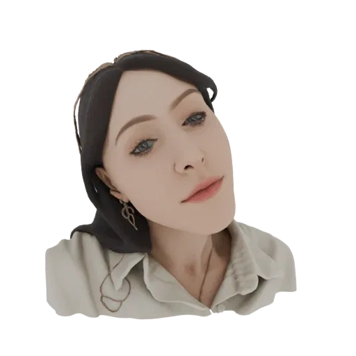 Modelo 3D IA de retrato estilizado de mujer con ojos azules y cabello oscuro, vistiendo camisa de cuello.