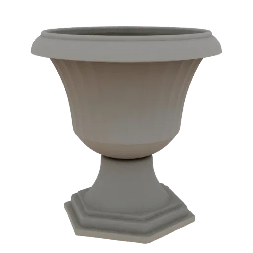 A 3D render of a classic urn planter with a decorative pedestal base, presented on a black background.