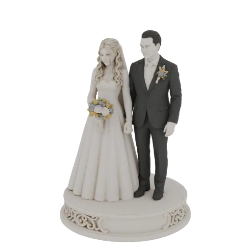 3D model of a bride and groom wedding cake topper, featuring the couple in a classic pose with intricate scrollwork on the ba