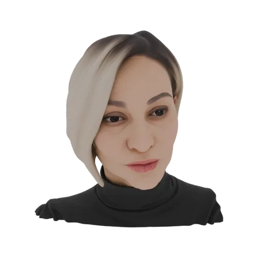 AI-generated 3D model of a woman with a blonde and dark bob haircut, wearing a black turtleneck, looking slightly to the side