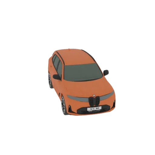 Uma renderização 3D de um SUV BMW X5 M laranja, vista de um ângulo frontal de três quartos contra um fundo branco.