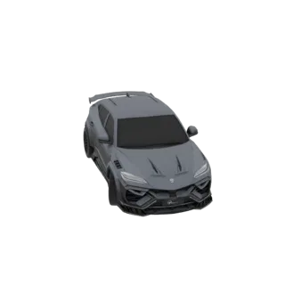 موديل ثلاثي الأبعاد لسيارة SUV رمادية واسعة جريئة مع طقم هيكل مخصص، تُرى من زاوية أمامية ثلاثية الأرباع.